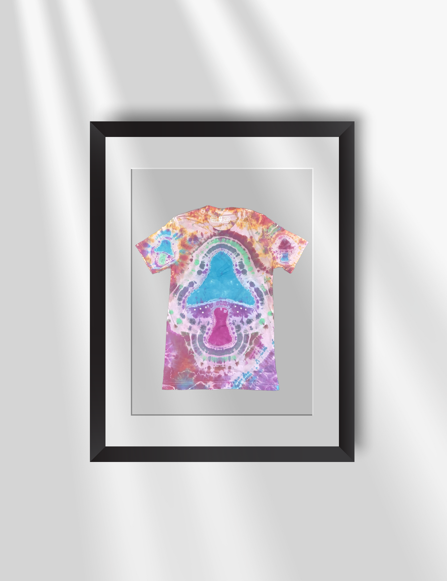 Schleepwear Tye Dye Psykhephany Tshirt inside a picture frame.