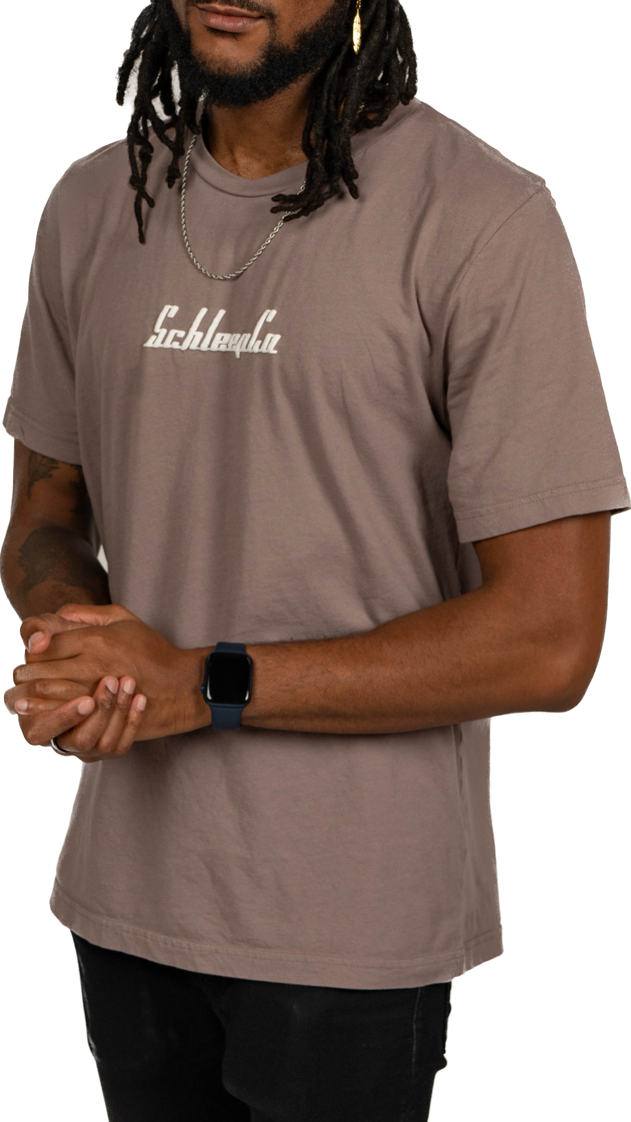 Male model wearing a Pebble Brown Minimal Schleepco Logo Tshirt