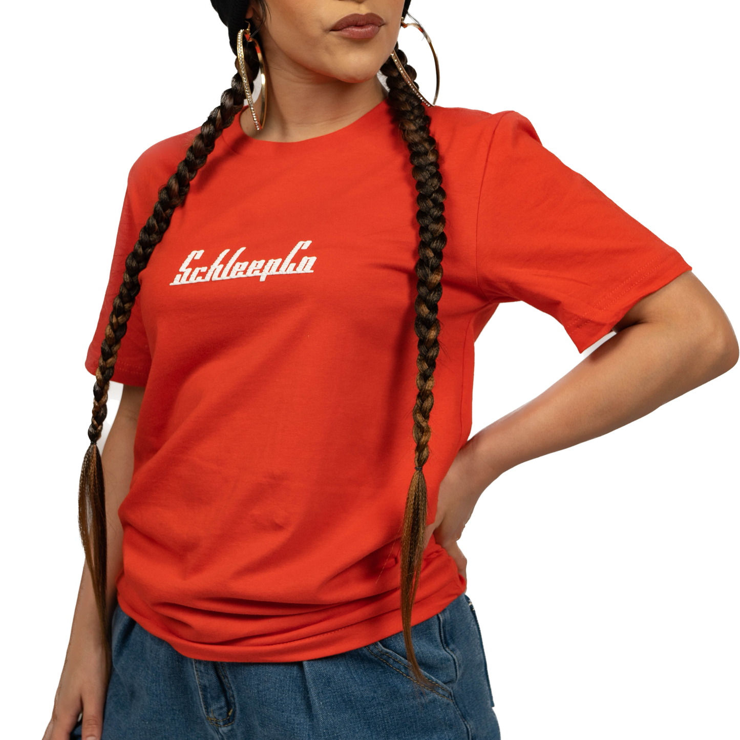 Female model wearing a Poppy Red Minimal Schleepco Logo Tshirt