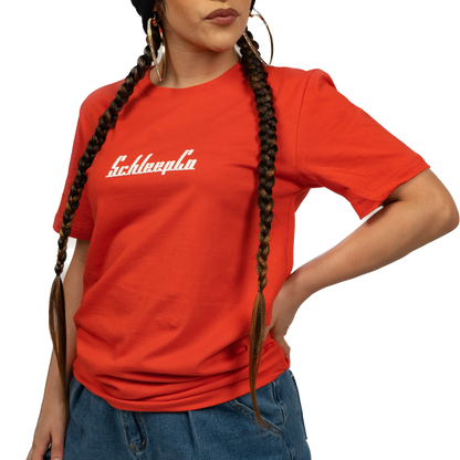 Female model wearing a Poppy Red Minimal Schleepco Logo Tshirt