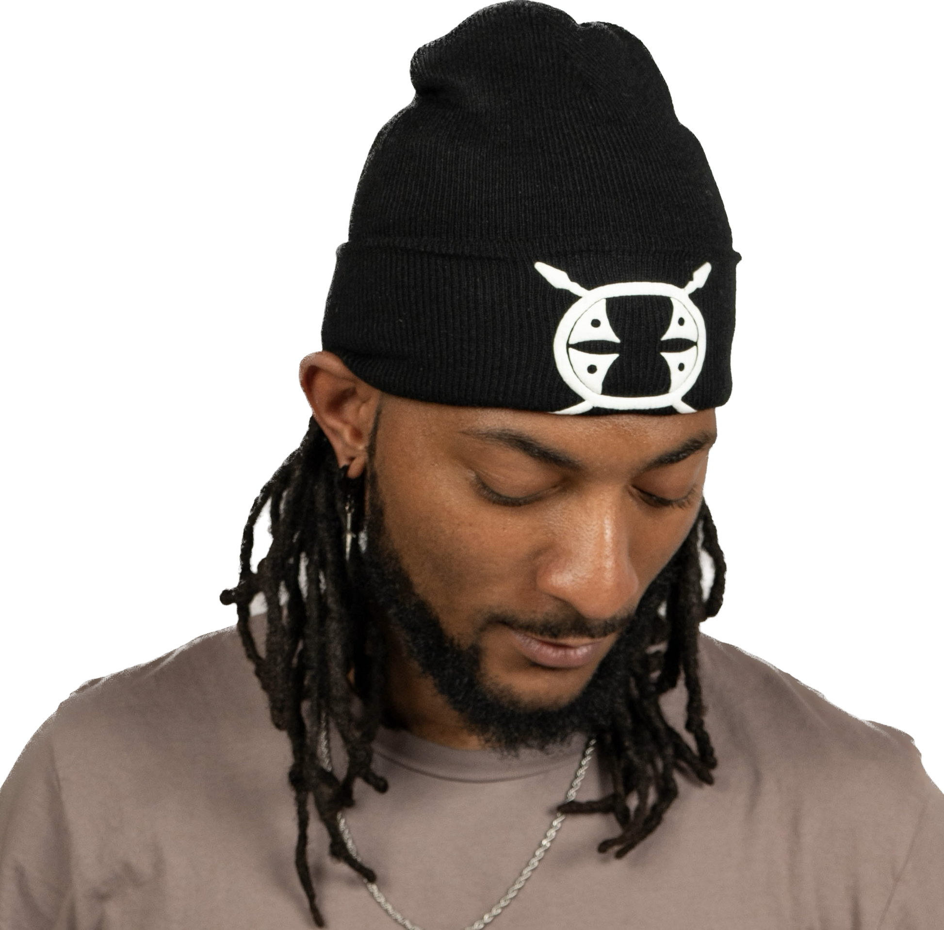 male model looking down wearing a black Schleepwear logo beanie.